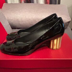 Size 8 (EU 38) Salvatore Ferragamo Black Patent Heels with Gold Block Heel